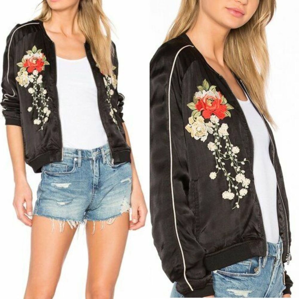 NWT Blank NYC Rose Embroidered Black Bomber Jacket